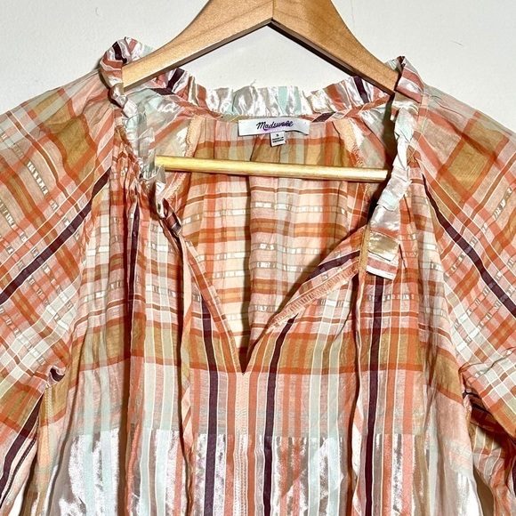 Madewell Wilton Plaid Print Tie-Neck Ruffle Sleeve Silk Blend Top Size Small - Picture 4 of 15